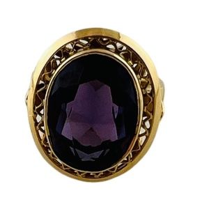 18K Yellow Gold Lab Created Oval Purple Sapphire Ring Size 7.25 #15673